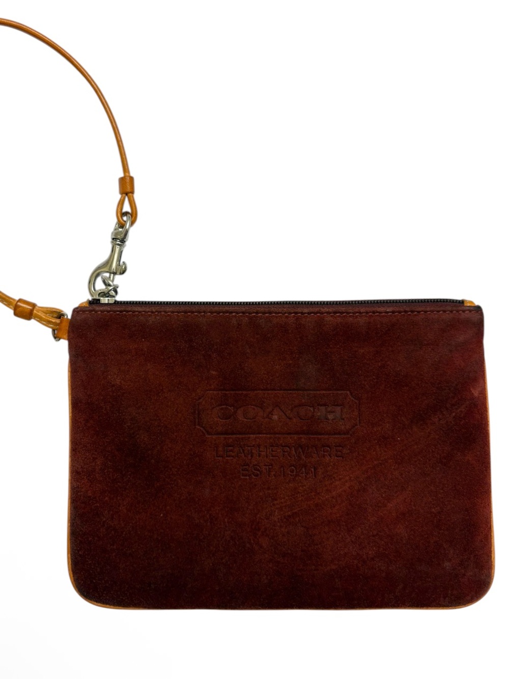 Coach vintage y2k logo red rust burnt sienna Suede Wristlet Pouch bag